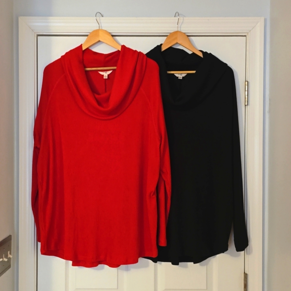 Red Rib Knit Cowl Neck Tunic Top